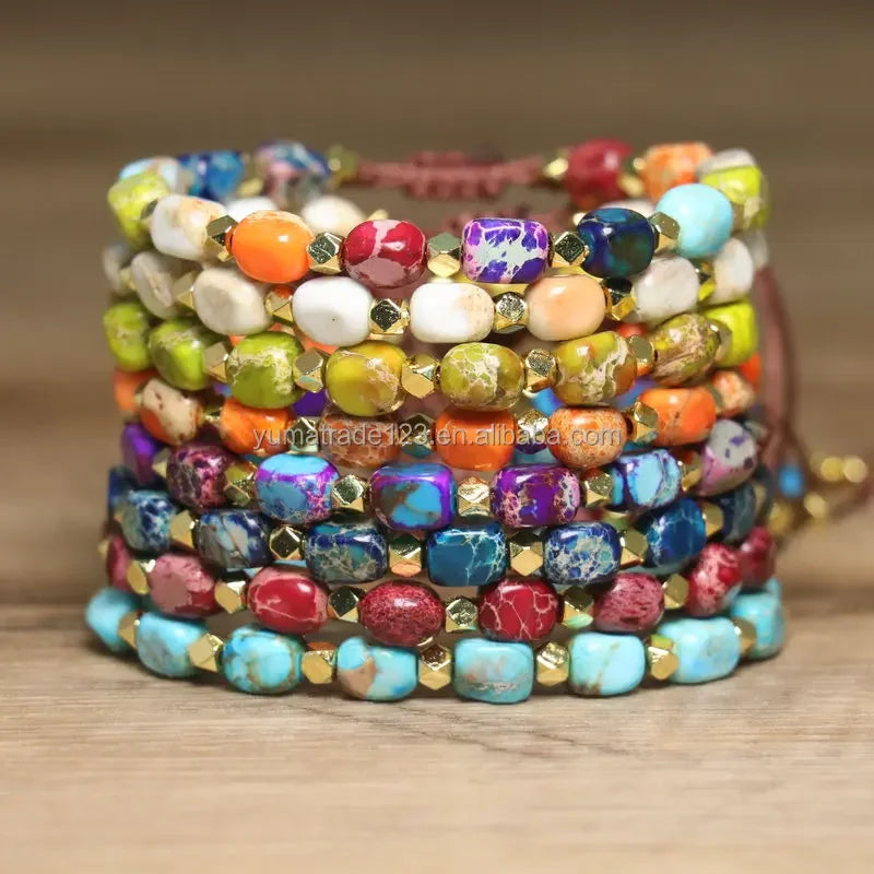 Bohemian Beaded Bracelet Handwoven Natural Rainbow Sea Sediment Yoga Healing Dainty Stone Bracelet for Women Girls