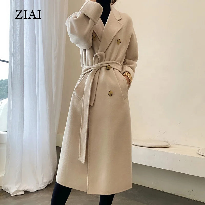 Wholesale Wool Coat Winter Handmade Classic Camel Double-sided Wool Peacoat Mid-length Double-breasted Suit Wool Wrap Coat