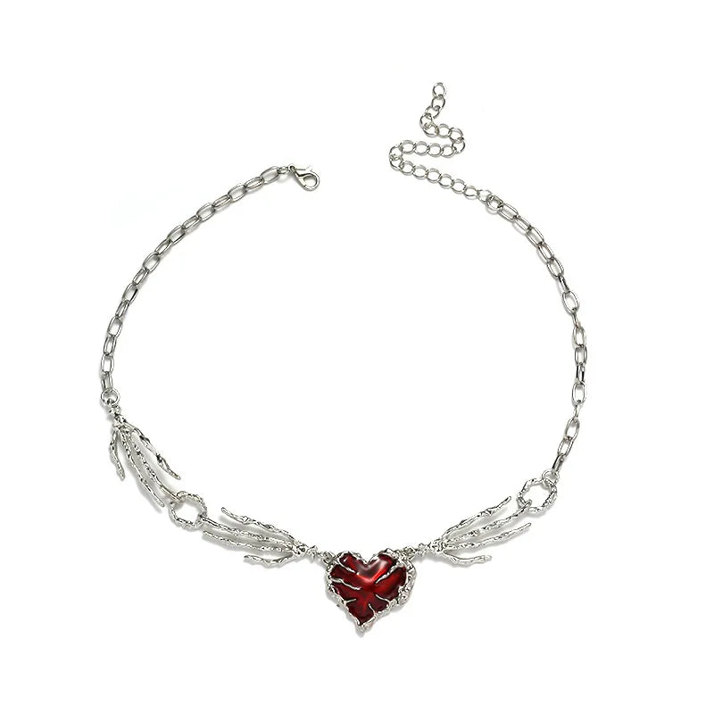 Hiphop Ghost Skull Hand PatchWork Chokers Necklaces for Women Men Red Heart Pendant Necklace Rock Jewelry