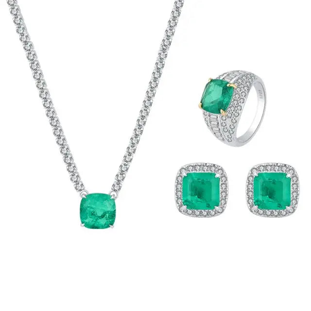 Sterling Silver Emerald Green Square Cubic Zirconia CZ Tennis Chain Bridal Pendant Necklace Ring Earrings Set