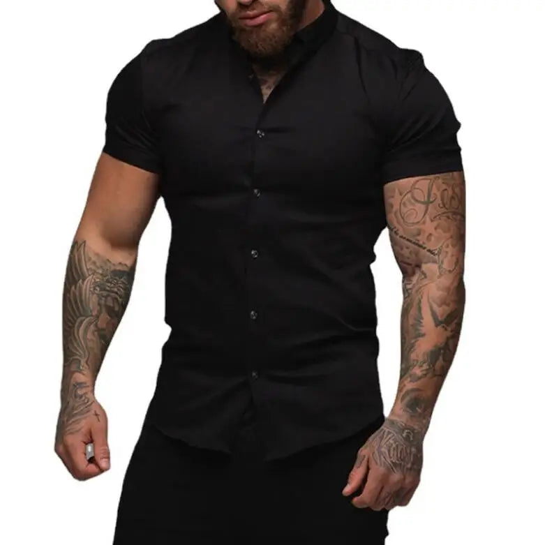 Summer Fashion Short Sleeve Shirt Men Super Slim Fit Male Casual Social Business Dress Shirt Brand Men Fitness Sports Clothing