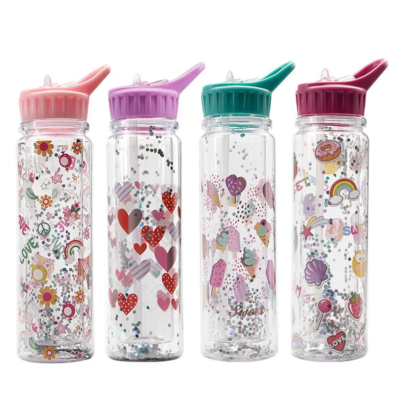 Kids Cute Cartoon Outdoor Sports Glitter Water Bottle Colorful Bpa Free Plastic Cups With Lids and Straw
