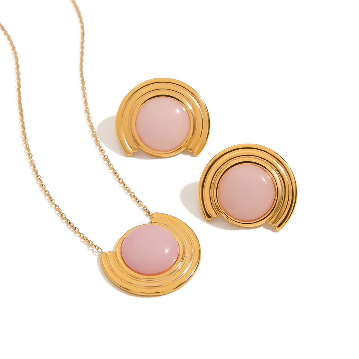 J&D Summer Boho Style 18K Gold Stainless Steel Arc Ribbed Rose Quartz Natural Stone Necklace Stud Earrings Set