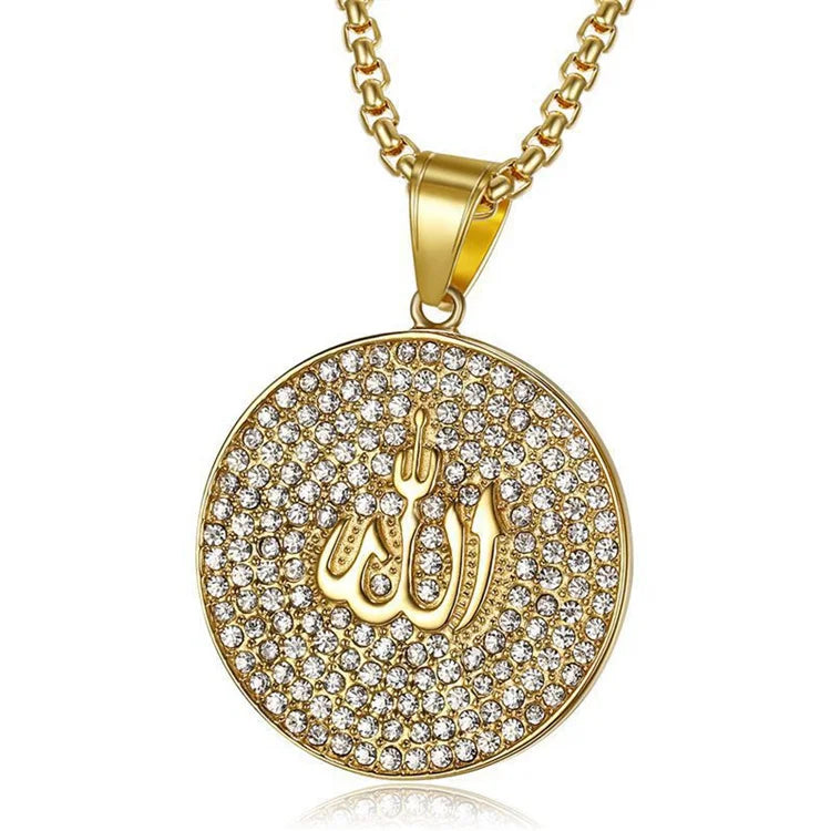 OEM Bling Hiphop Gold Plated Round Jewelry Stainless Steel Muslim Jslamic Allah Arabia Pendant Necklace