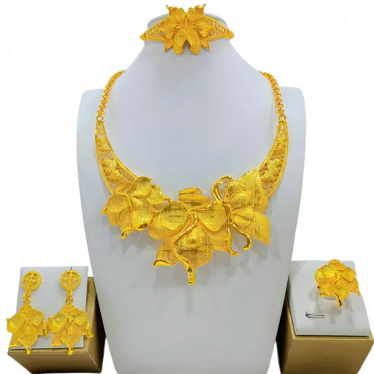 2023 Dubai Women's Wedding Jewelry Set Gold Color Necklace Earrings Bracelet Ring Jewellery Set Gift