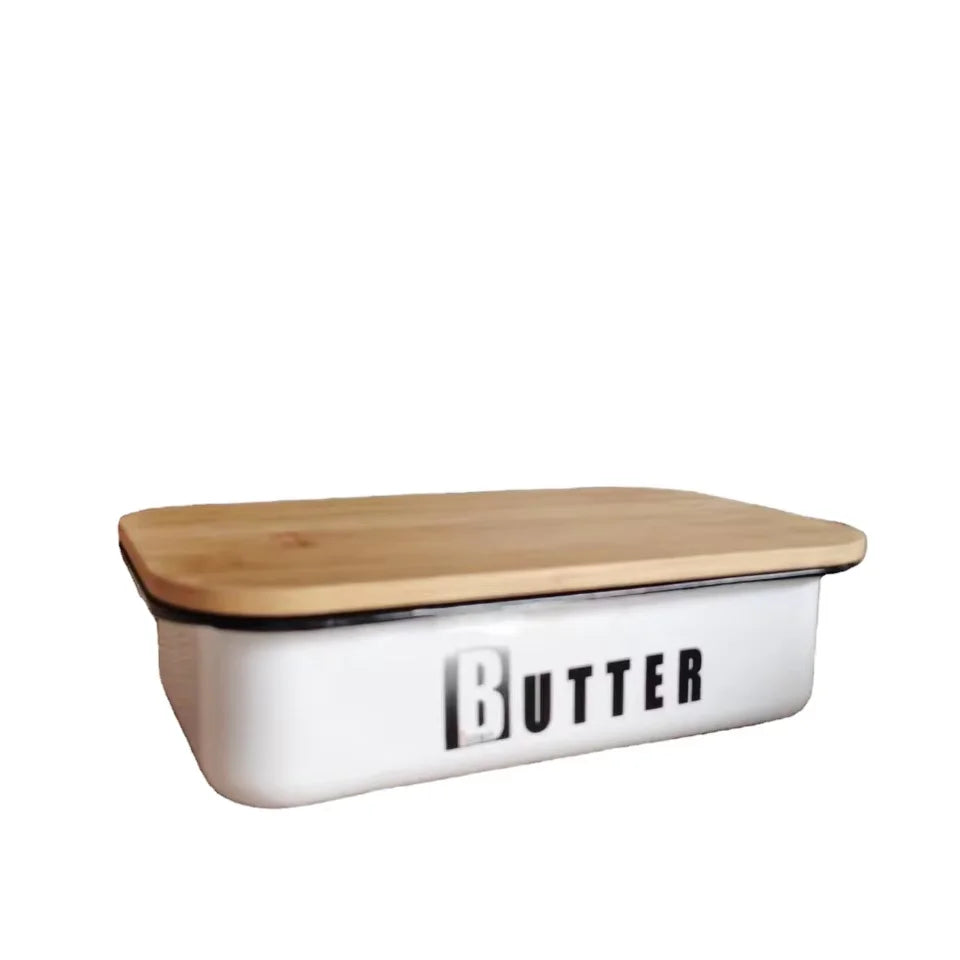 Eco-Friendly Porcelain Tableware Enamel Metal Steel Butter Dish Bamboo Lid Beautiful Container Home Professional Use