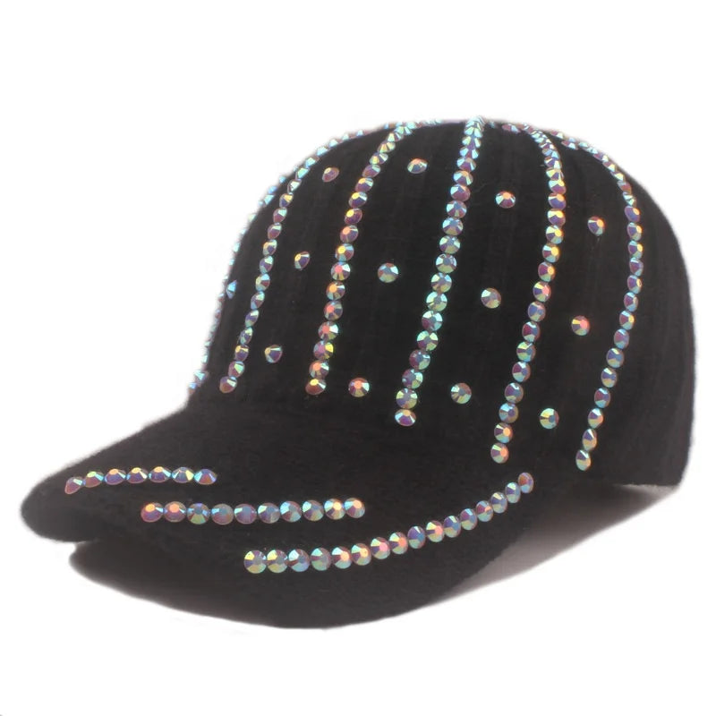 Women Baseball Hat Rhinestone Sparkle Winter Bling Knitted Hat
