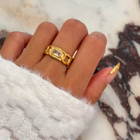 2024 Dazan HOT New Ins Trendy 18k PVD Gold Plated Stainless Steel Super Shine Boho Postmodern Zircon Ring Unique Jewelry Set