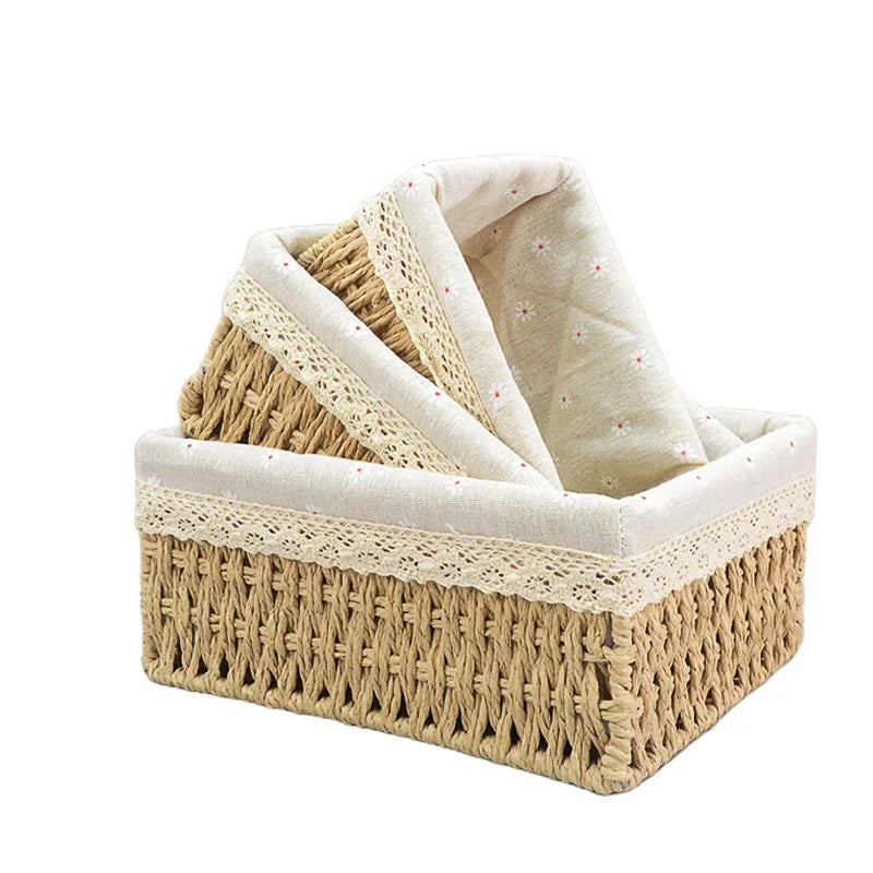 Elegant Rectangle Storage Basket Paper Rope Woven Makeup Mask Toy Snack Sundries Storage Box with Straw Socks