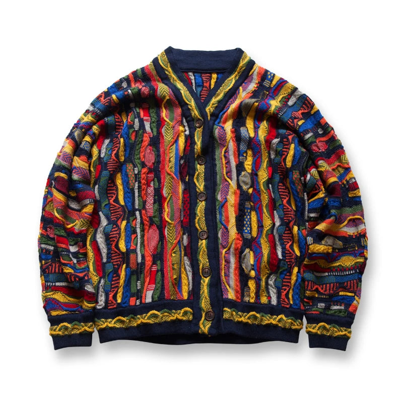 Custom Vintage Cable Knit Chunky Cardigan Women V-Neck Wool Blend Sweater Colorful Patchwork Buttons Single Breasted Front