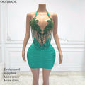 Ocstrade Fashion Design Sexy Sleeveless Halter Backless Club Dresses Glitter Rhinestone Chains Mini Club Dresses for Women Sexy