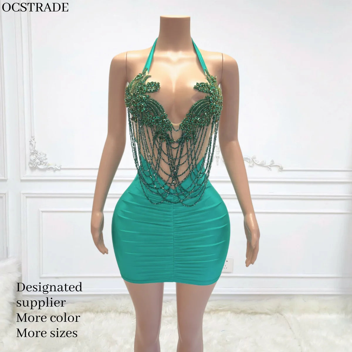Ocstrade Fashion Design Sexy Sleeveless Halter Backless Club Dresses Glitter Rhinestone Chains Mini Club Dresses for Women Sexy