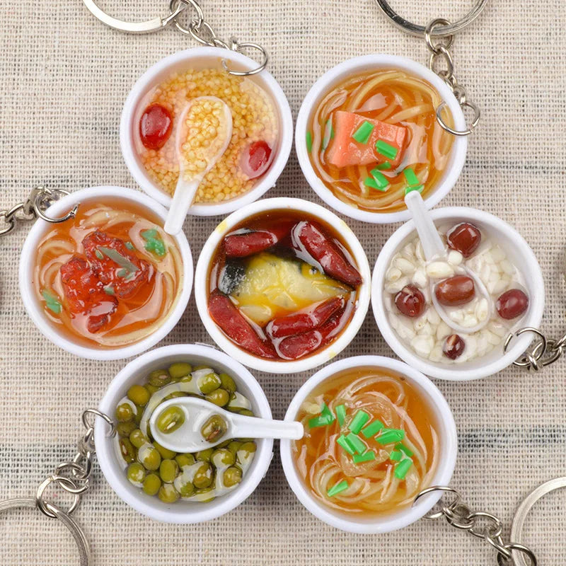 New Simulation Food Key Chains Noodle New Keychain Chinese Blue and White Porcelain Food Bowl Mini Bag Pendant