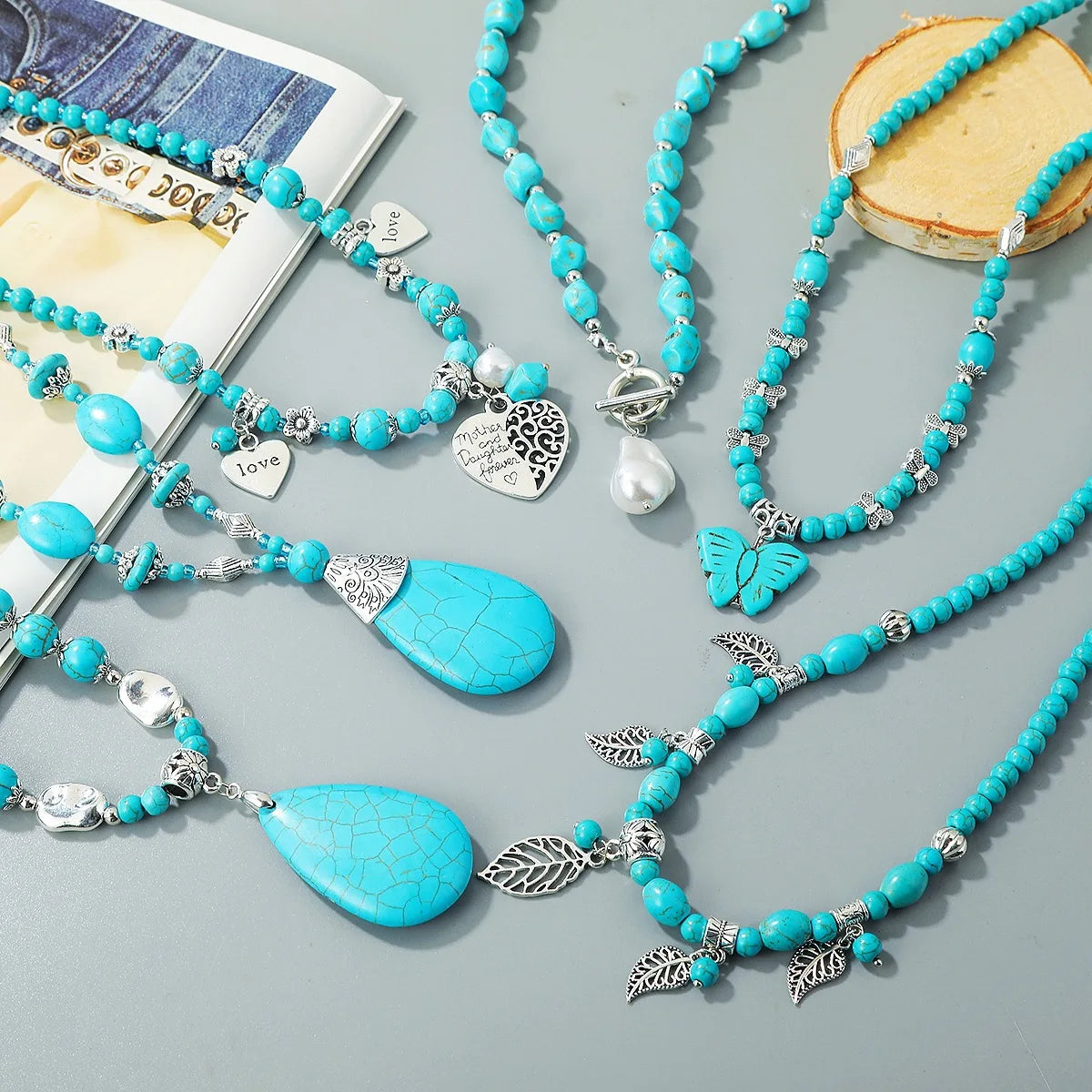 Vintage Charm Leaf Waterdrop Butterfly Heart Pendant Genuine Natural Turquoise Stone Necklace Jewelry for Women