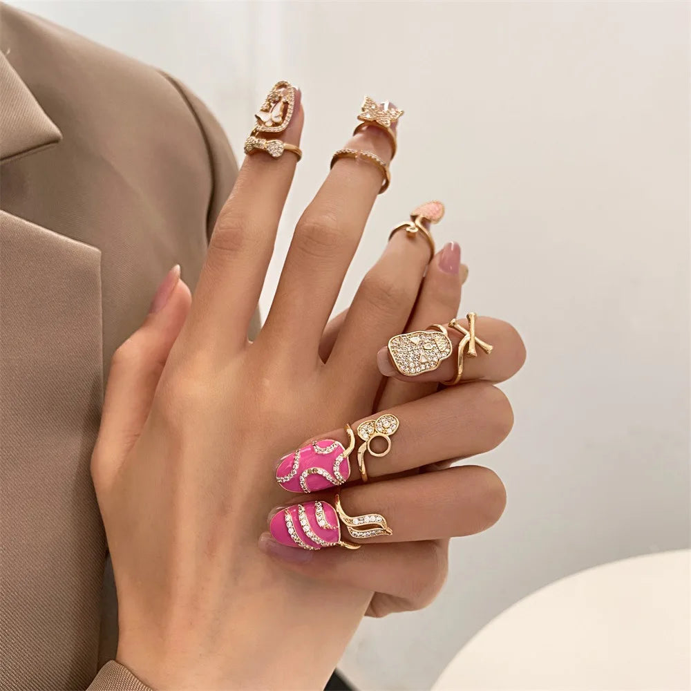 DUYIZHAO European and American Hot Gold Plated Pink Oil Dropping Full Crystal Nail Rings for Women Finger Beauty Accessories
