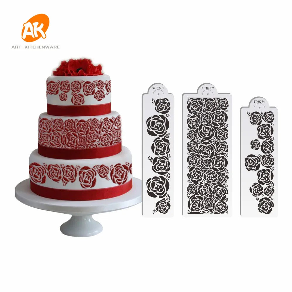 AK Rose Flower Drawing Stencils Cake Decorating Lace Stencils Set Plastic PET Fondant Stencil Pastry Baking Tools ST-827
