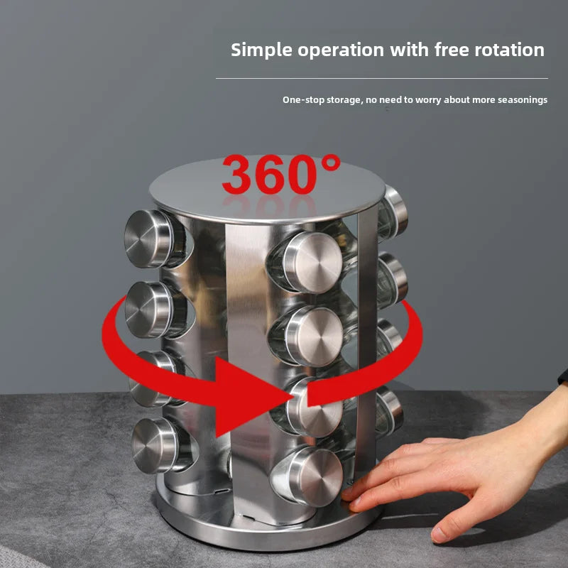 360 Degree Rotatable Stainless Steel Silver Spice Rack Organizer Classic Design Kitchen Seasoning Storage Revolving Spice Jars MegaBDM