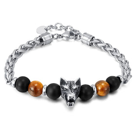 2025 Hot Sale Simple Personalised Stainless Steel Wolf Head String Beads Bracelet Jewelry Titanium Steel Bracelet Men's Jewelry