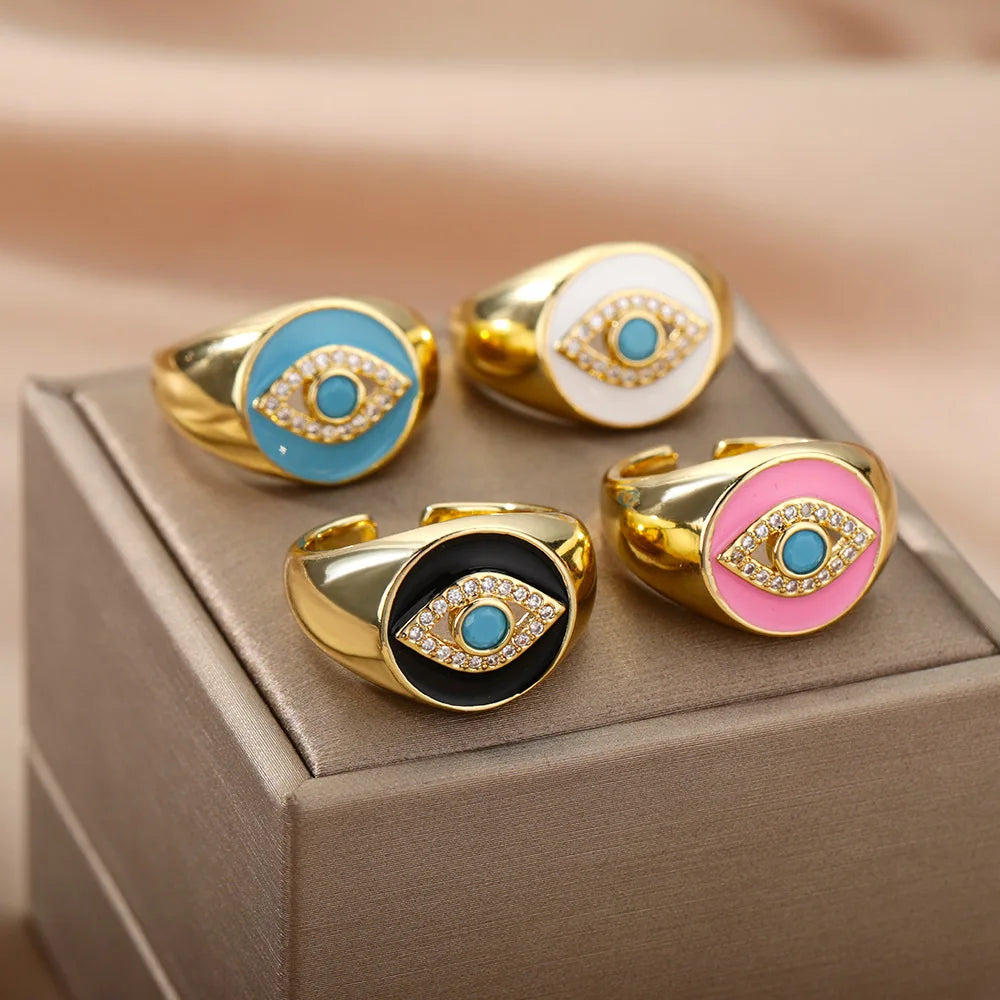 Colorful Devil Eye Zircon Ring Adjustable Opening Geometric 18k Gold Plated Dripping Oil Evil Eyes Ring