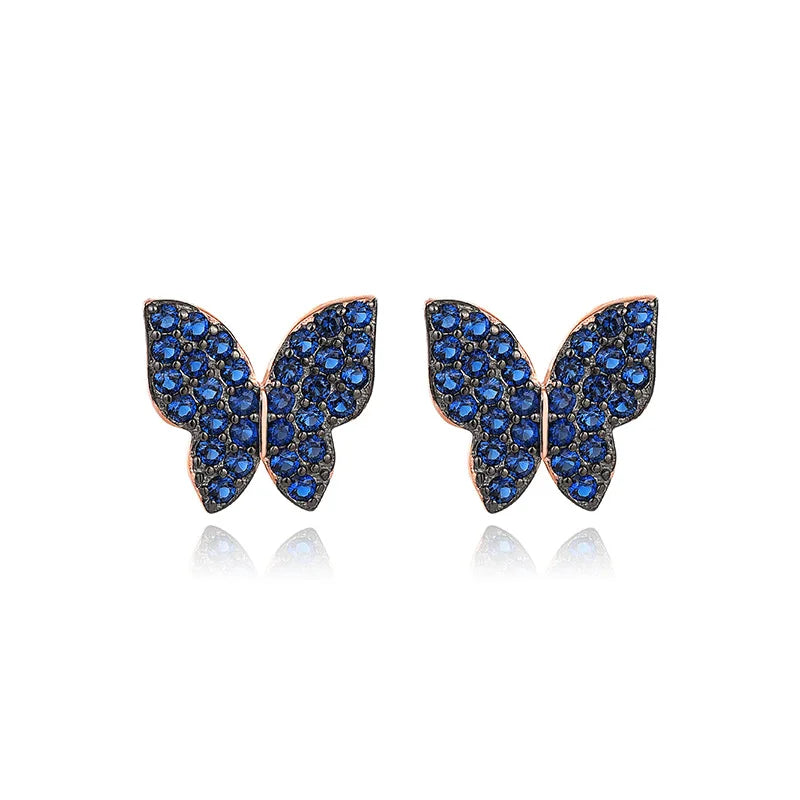 Wholesale Hot Design Women Fine Jewelry S925 Sterling Silver Deep Blue butterfly Zircon Inlaid Sweet Girl Studs Earrings