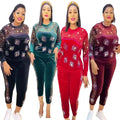Luxury Women's Velvet Dashiki Suit Set Fashion Polyester African Traditional Attire with Rhinestones Women's Suit Pant