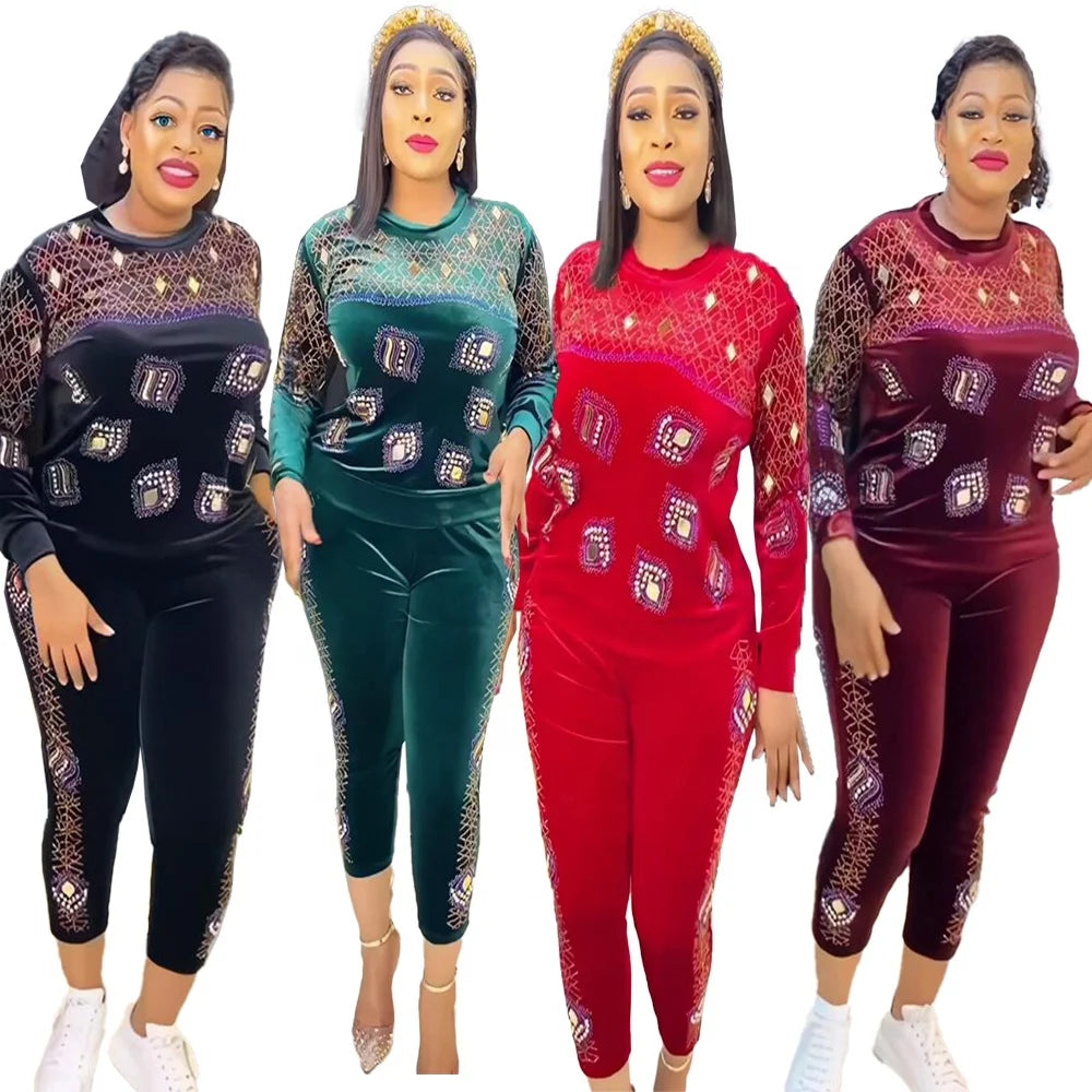 Luxury Women's Velvet Dashiki Suit Set Fashion Polyester African Traditional Attire with Rhinestones Women's Suit Pant