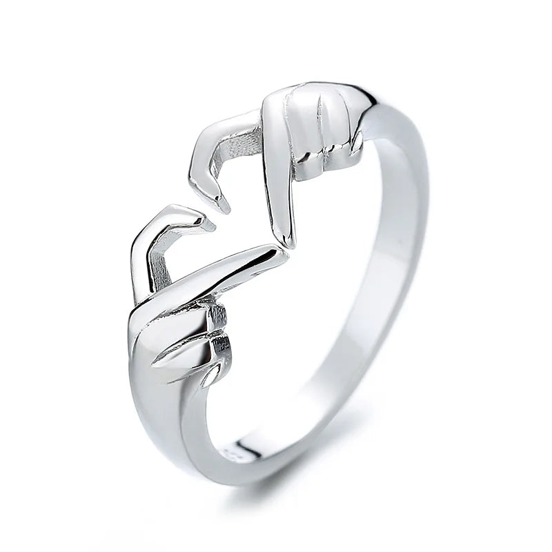 2024 Wholesale Classic Double Hand Heart Geometric Palm Love Gesture Couple Fashion Adjustable Bezel Setting Alloy Ring Jewelry