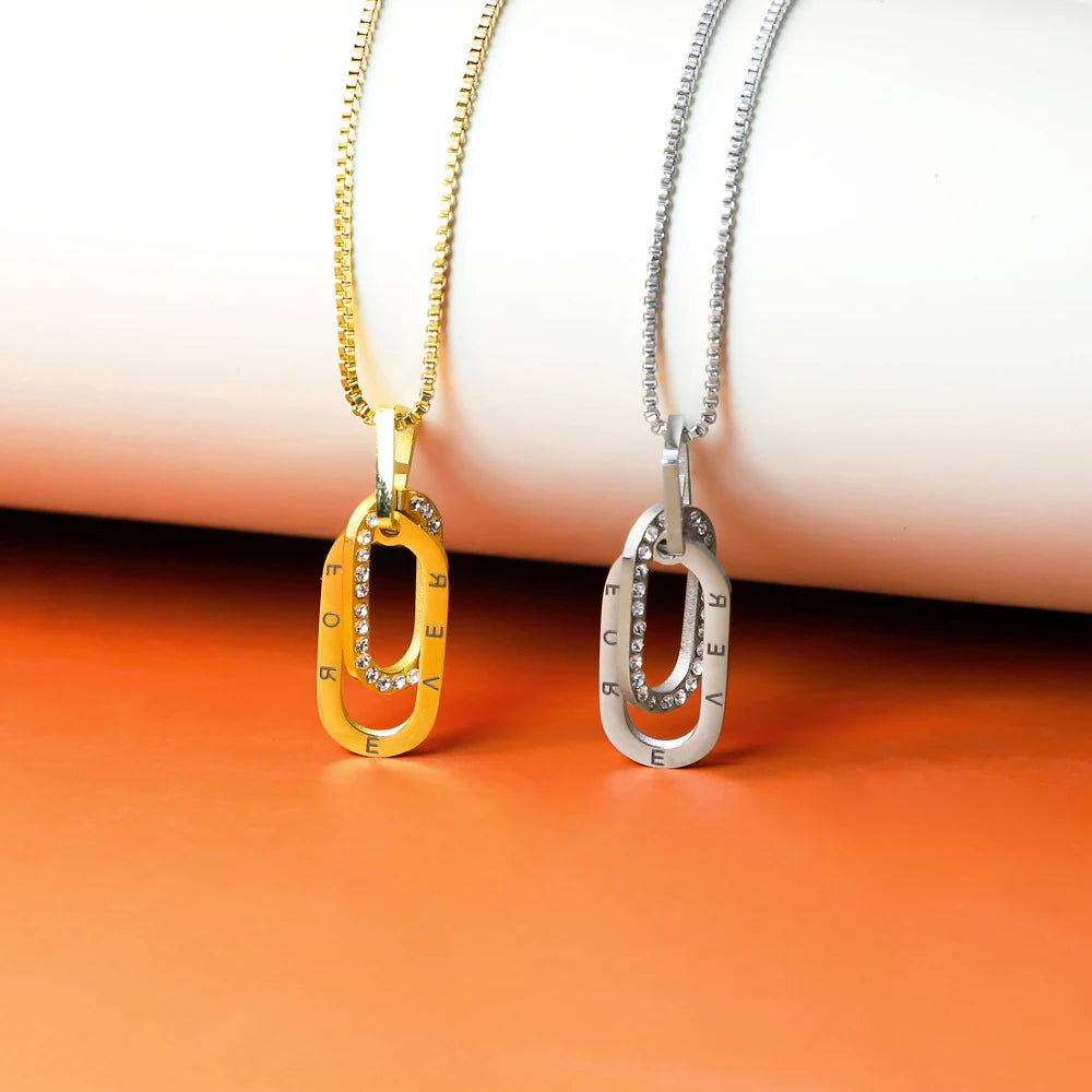 Unique Rectangle Interlocking Charm Zircon Letter Gold Plated Pendant Necklace Stainless Steel Link Chain Trendy Style