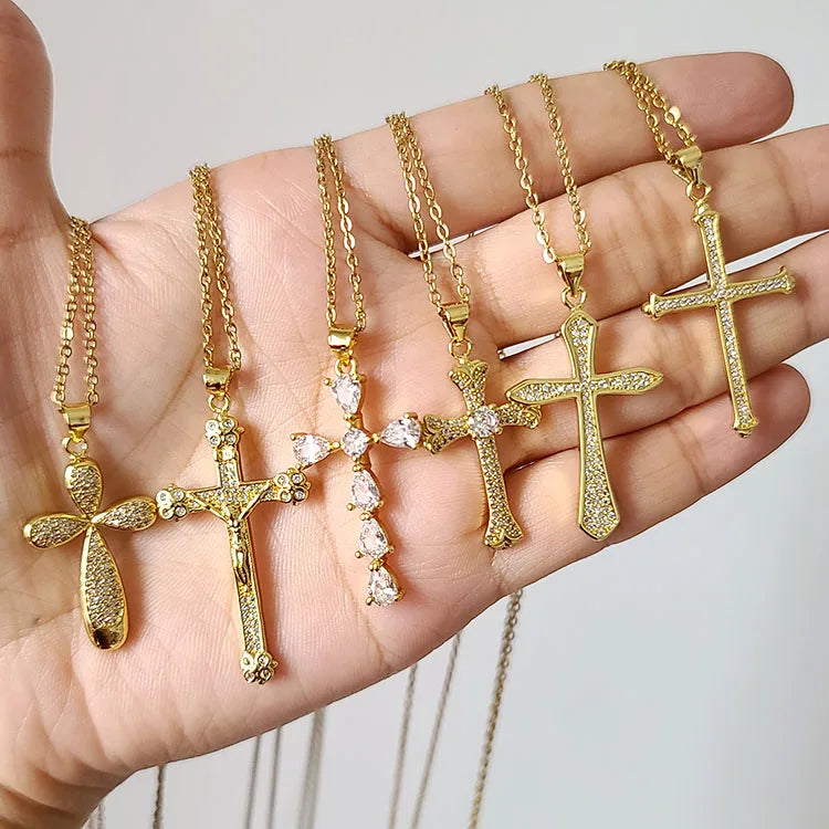 NZ1239 CZ Diamond Mirco Pave Charms Cross Pendant Stainless Steel Chain Necklaces Christian Religion Jewelry Gifts for Lady