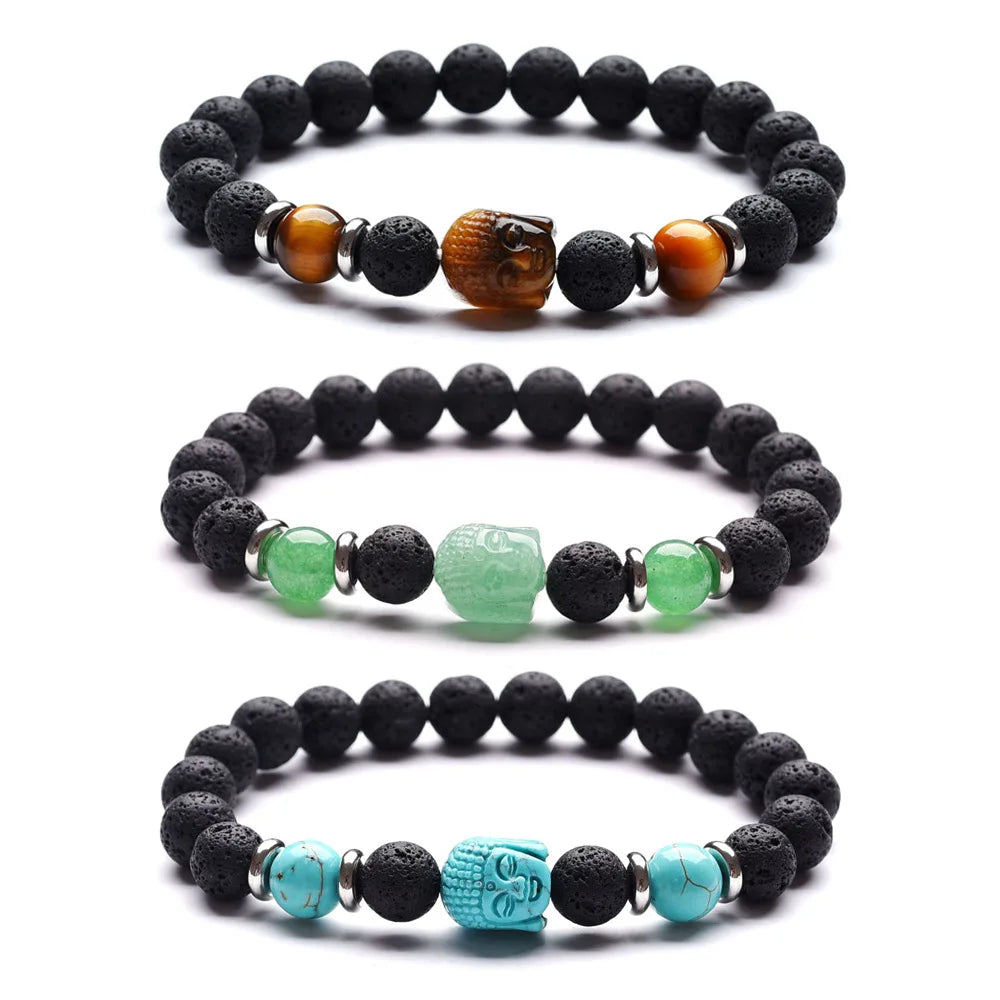 Wholesale Charm Gem Natural Tiger Eye Quartz Turquoise Amethyst Lava Stone Bead Buddha Head Bracelet Jewelry