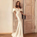 13020#Simple Off-Shoulder Elegant Mermaid Lantern Sleeves Wedding Dress Soft Satin Sexy Backless Sweep Train Bridal Gown