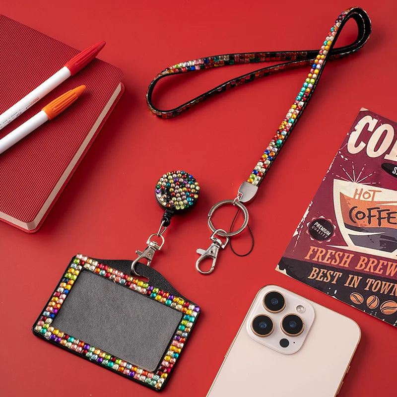 College Logo Customized ID Holder Crystal Polyester Lanyard Zinc Alloy Rhinestone Breakaway Safety Hook Embossed Printing