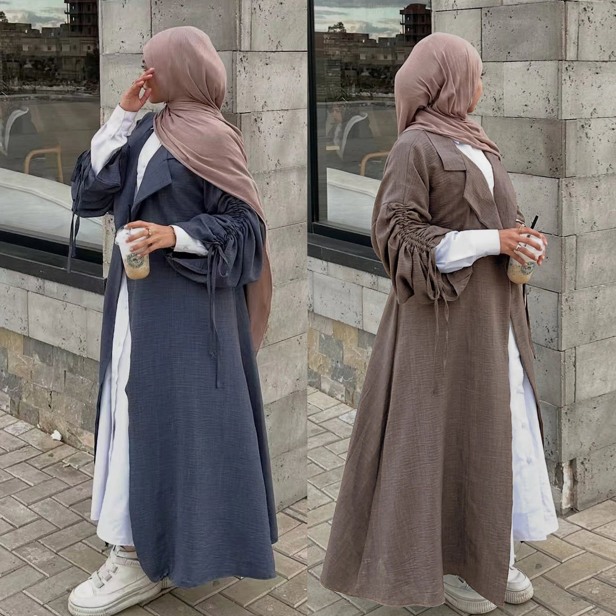 2026 New Abaya Fashion Drawstring Sleeves Muslim Jacket Coat Abaya with Pockets Islamic Clothing Women Modest Dress Plain Abaya MegaBDM