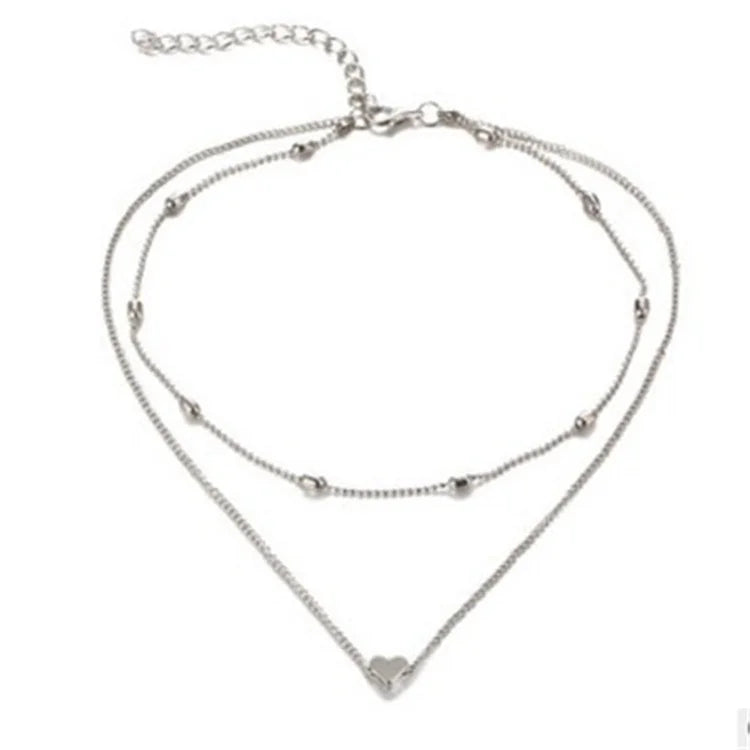 Wholesale New 2 Layers Gold Color Love Heart Adjustable Necklace Multilayer Chain Choker Necklace