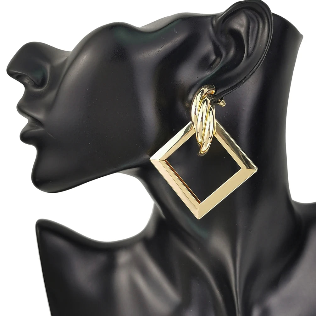 Wholesale Bohemian Jewelry Geometric Statement Double Circular Square Drop Earrings Women Twining Rectangle Hoop Stud Earrings