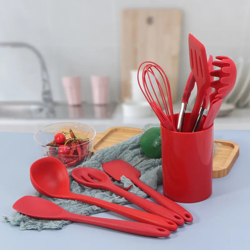 11-Piece Kitchen Utensil Set Food Grade Silicone Tools High Heat Resistant Dishwasher Safe Eco-Friendly Includes Storage Bucket