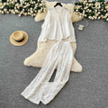 Women's Fashion Wrinkle Large Size Long Sleeve Shirt High Waist Wide Leg Trouser Set