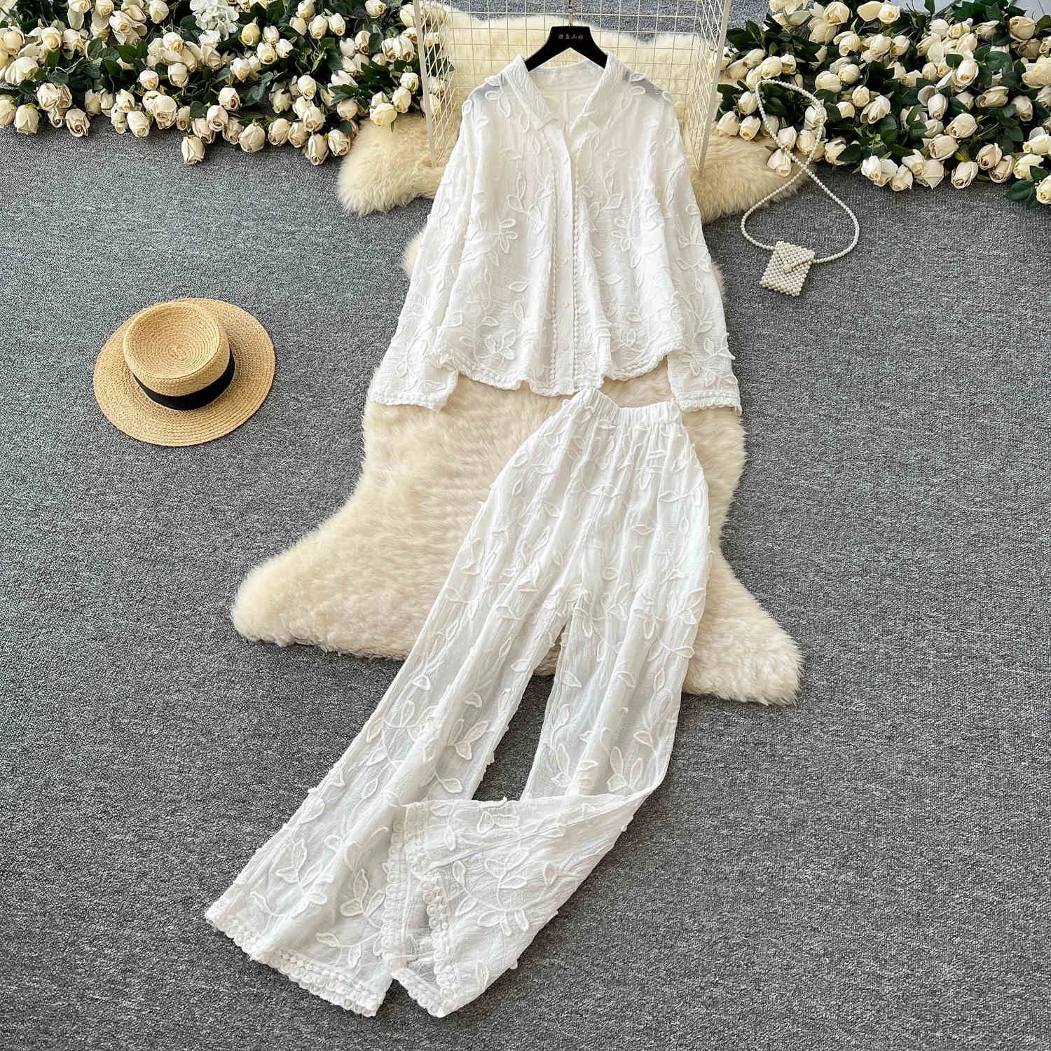 Women's Fashion Wrinkle Large Size Long Sleeve Shirt High Waist Wide Leg Trouser Set