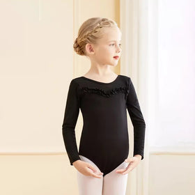 Girls Long Sleeve Ballet Leotards Children Cotton Mesh Splice Gymnastics Bodysuit Kids Cute Ruffles Dance Leotard
