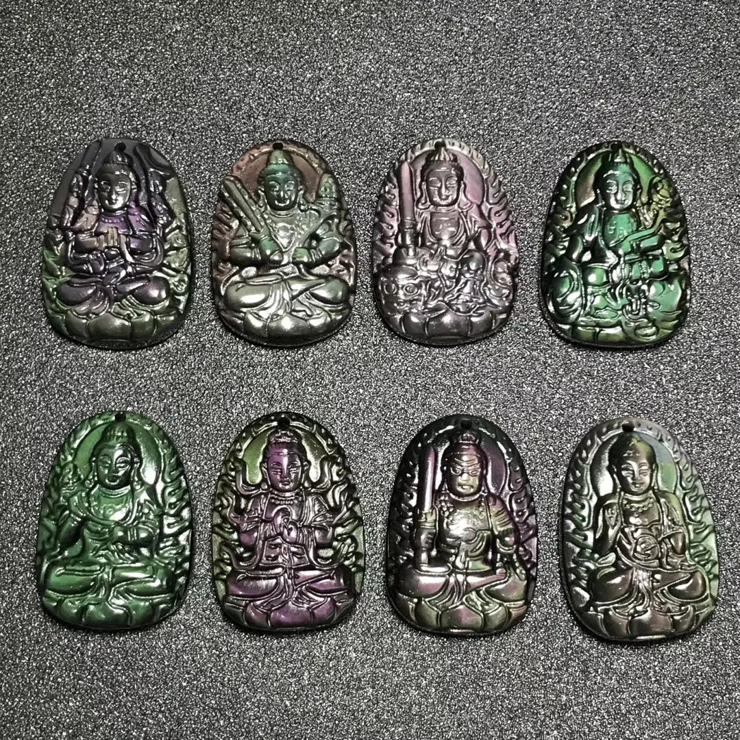 Eight Patron Saint Obsidian Amulet Pendant Necklace DIY Natural Black Eco-friendly Buddha Love Feng Shui Crystal Stone Crystal
