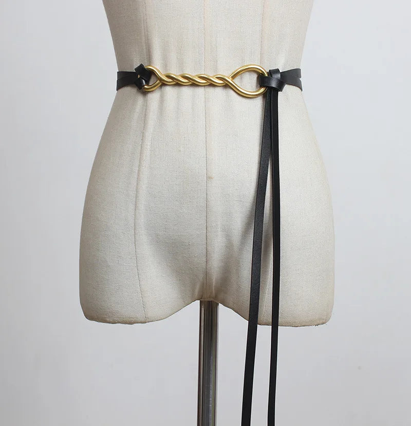 New Luxury Women Metal Pu Soft Long Belt With Twisted Brass Buckle Double Layer Waistbands Shirt Knotted Belt