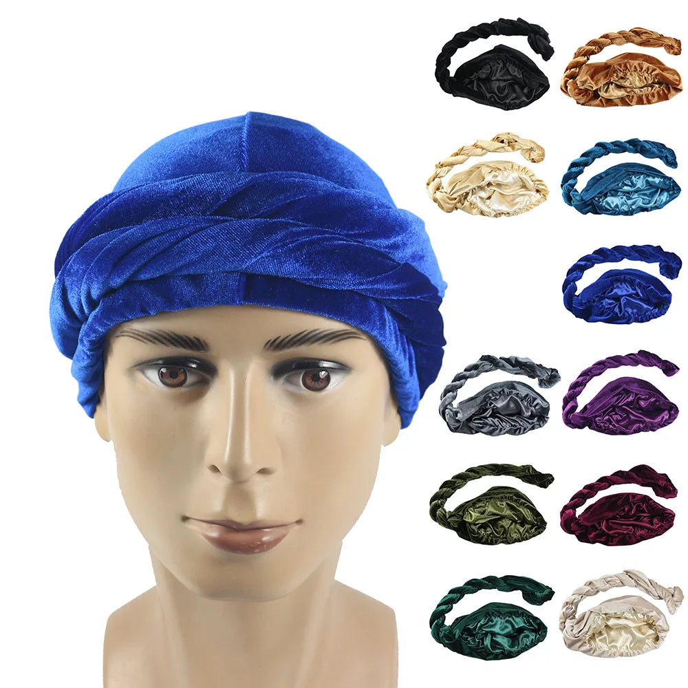 HZM-22365 Winter New Men's Velvet Solid Color Turban Hat Black Braid Hat Turban for Men
