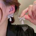 Micro-paved Zircon Bow Water Drop Pearl 925 Sterling Silver Stud Earrings for Women Wheat Leaves Diamond Earring