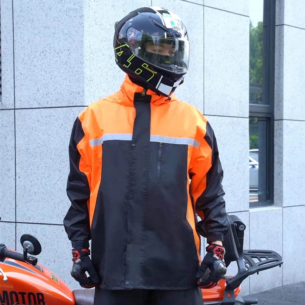 Fashionable Adult Motorcycle Raincoat Breathable Reflective Waterproof Polyester Rain Suit Spliced Colors Split Riding Rainwear