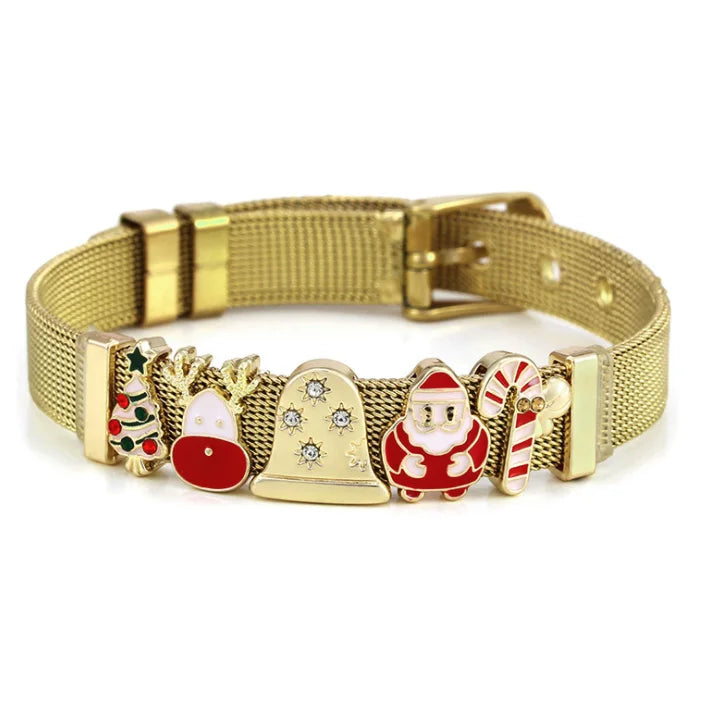 New Arrive Trendy Christmas Jewelry Series 18K Gold Plated Stainless Steel Chain Link Crystal Rhinestone Charm Bracelets