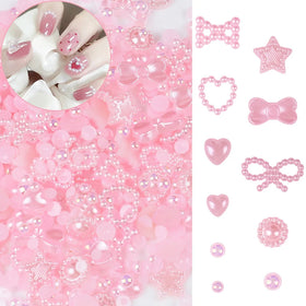 500Pcs/Bag Heart Star Bow Nail Art Pearl Charm White Pink Pearl Round 3D Nail Decoration DIY Accessories