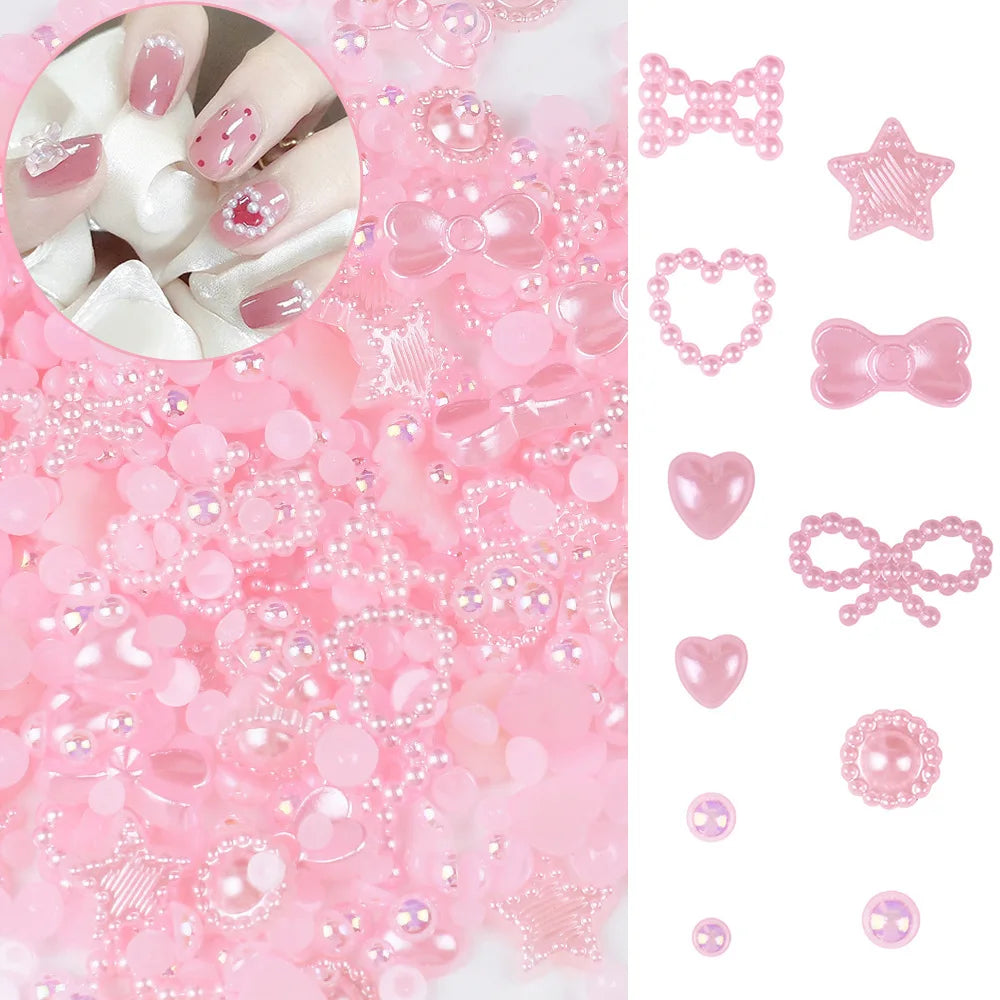 500Pcs/Bag Heart Star Bow Nail Art Pearl Charm White Pink Pearl Round 3D Nail Decoration DIY Accessories