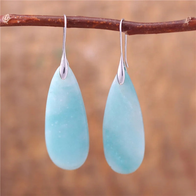 Popular Jewelry Women Gemstone Teardrop Amazonite Drop Earrings 18k Gold Natural Stone Dangle Hook Earrings Women Jewelry