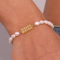 New Luxury Baroque Natural Freshwater Pearl Jewelry Stainless Steel Number Engrave Rectangle Bracelet Bangle Adjustable