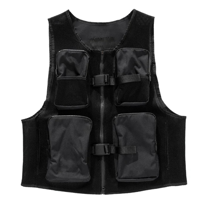 Fashion Black Crew Neck Sleeveless Zip up Cargo Vest Buckle Detail Mesh Vest Multi Pockets Work Utility Vest for Men